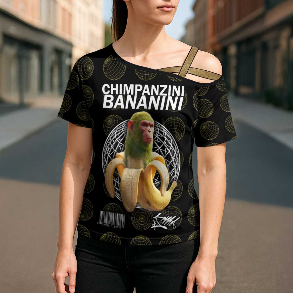 Chimpanzi Bananini Primate Cross Shoulder Shirt with 3D Wireframe Globe Pattern
