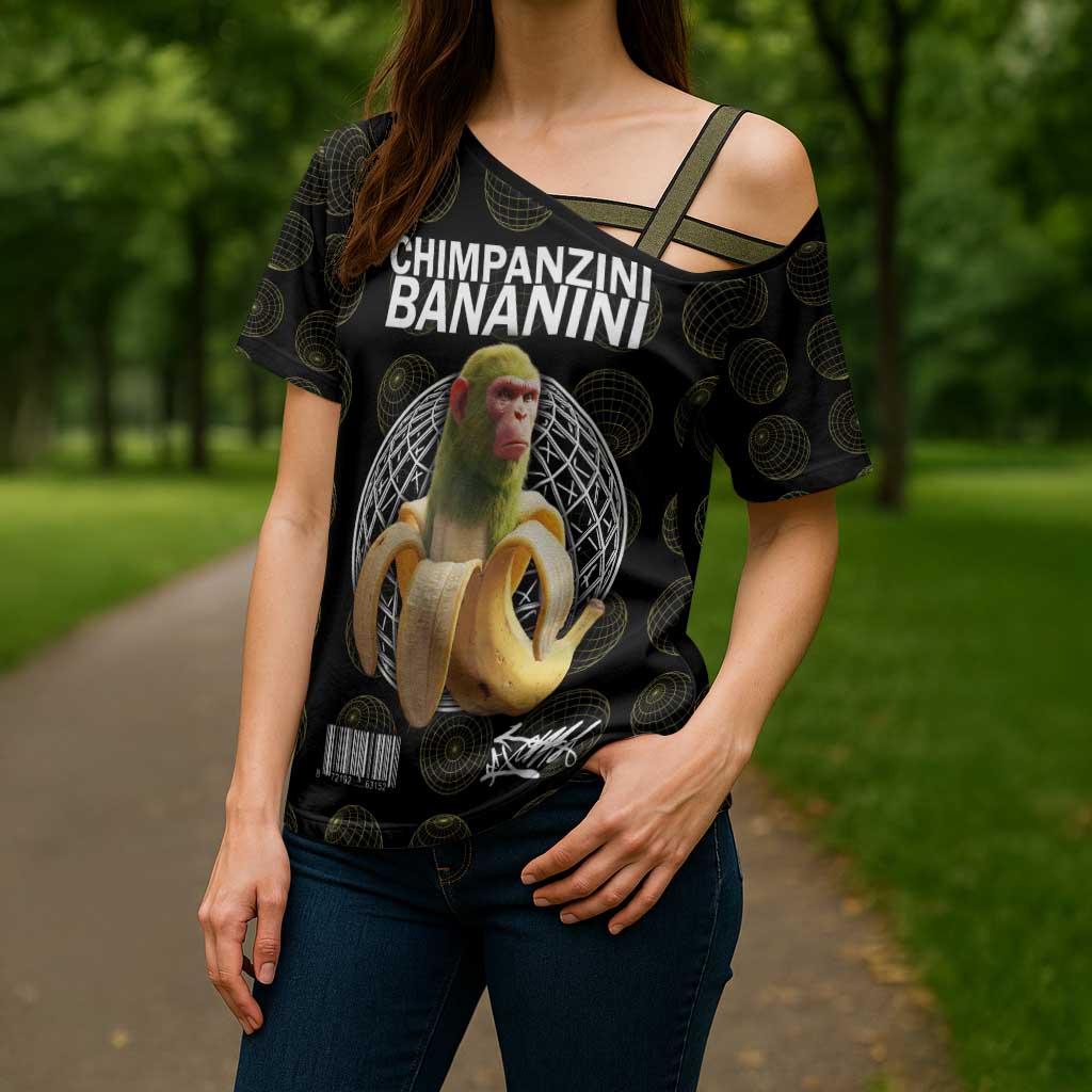 Chimpanzi Bananini Primate Cross Shoulder Shirt with 3D Wireframe Globe Pattern