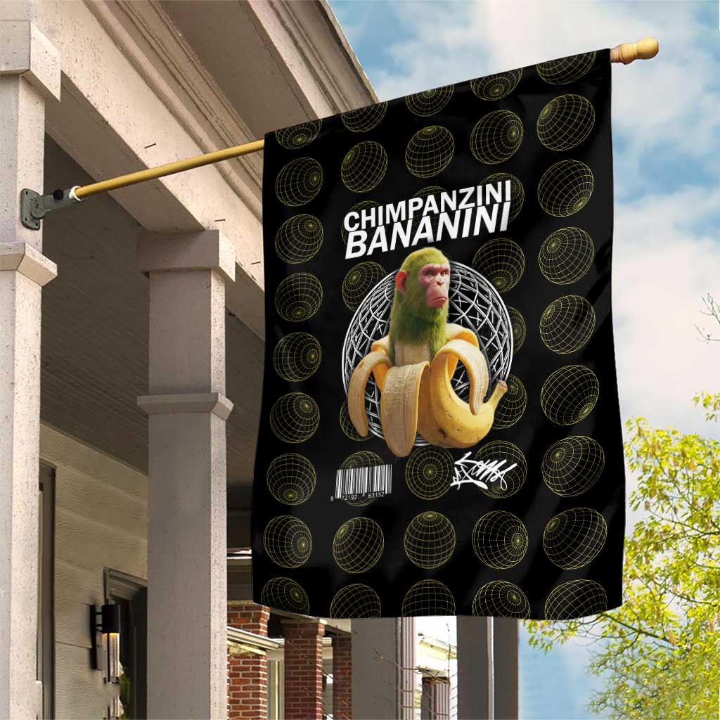 Chimpanzi Bananini Primate Garden Flag with 3D Wireframe Globe Pattern