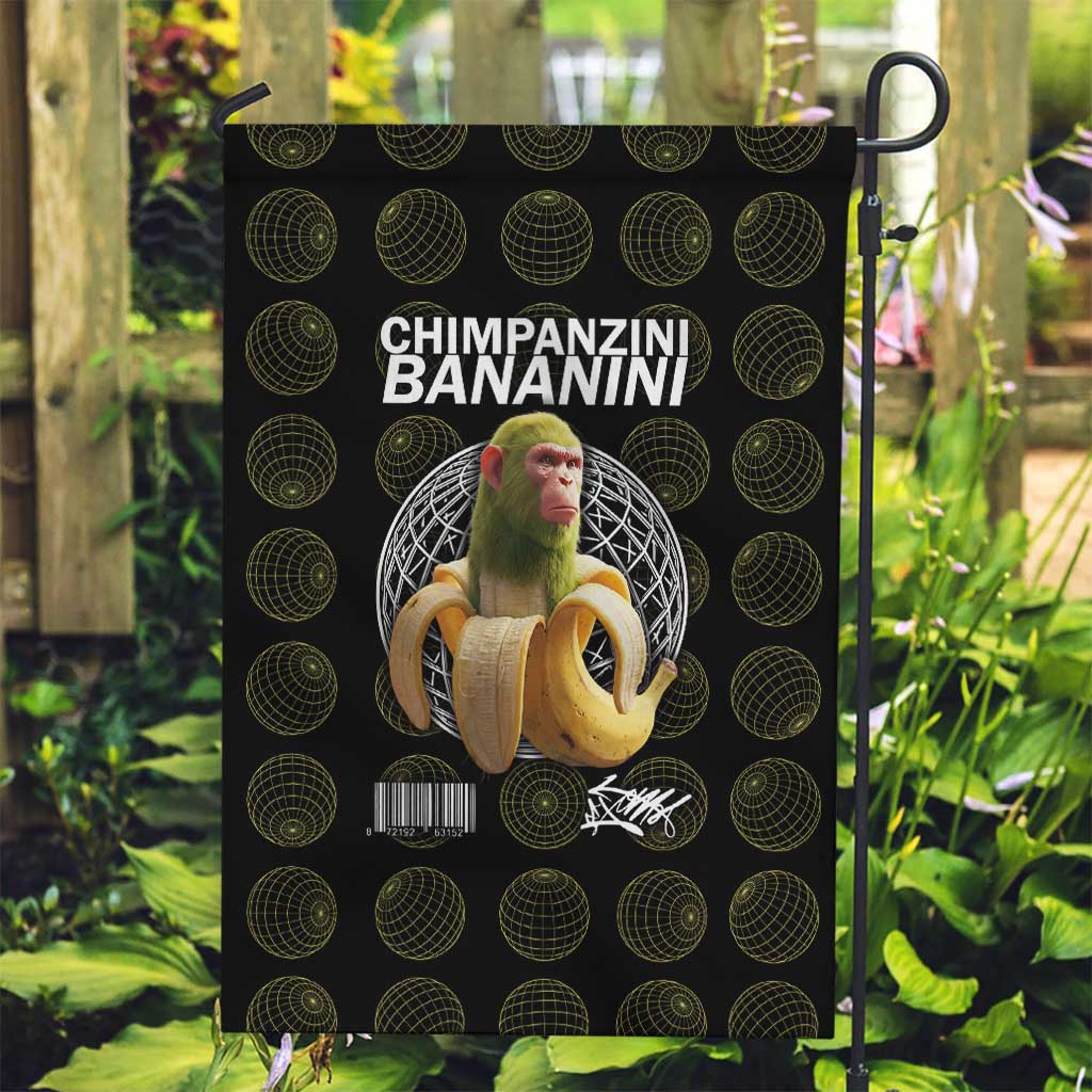 Chimpanzi Bananini Primate Garden Flag with 3D Wireframe Globe Pattern