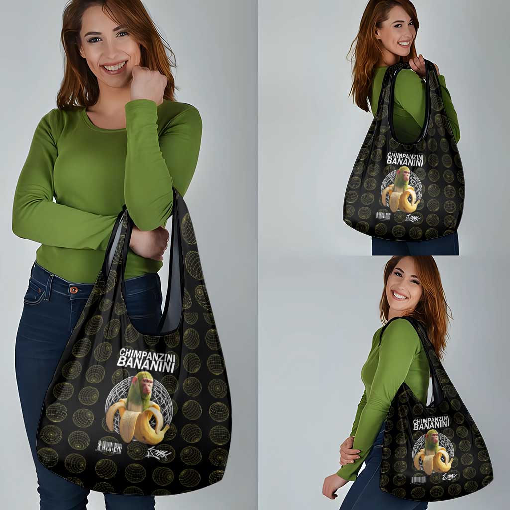 Chimpanzi Bananini Primate Grocery Bag with 3D Wireframe Globe Pattern