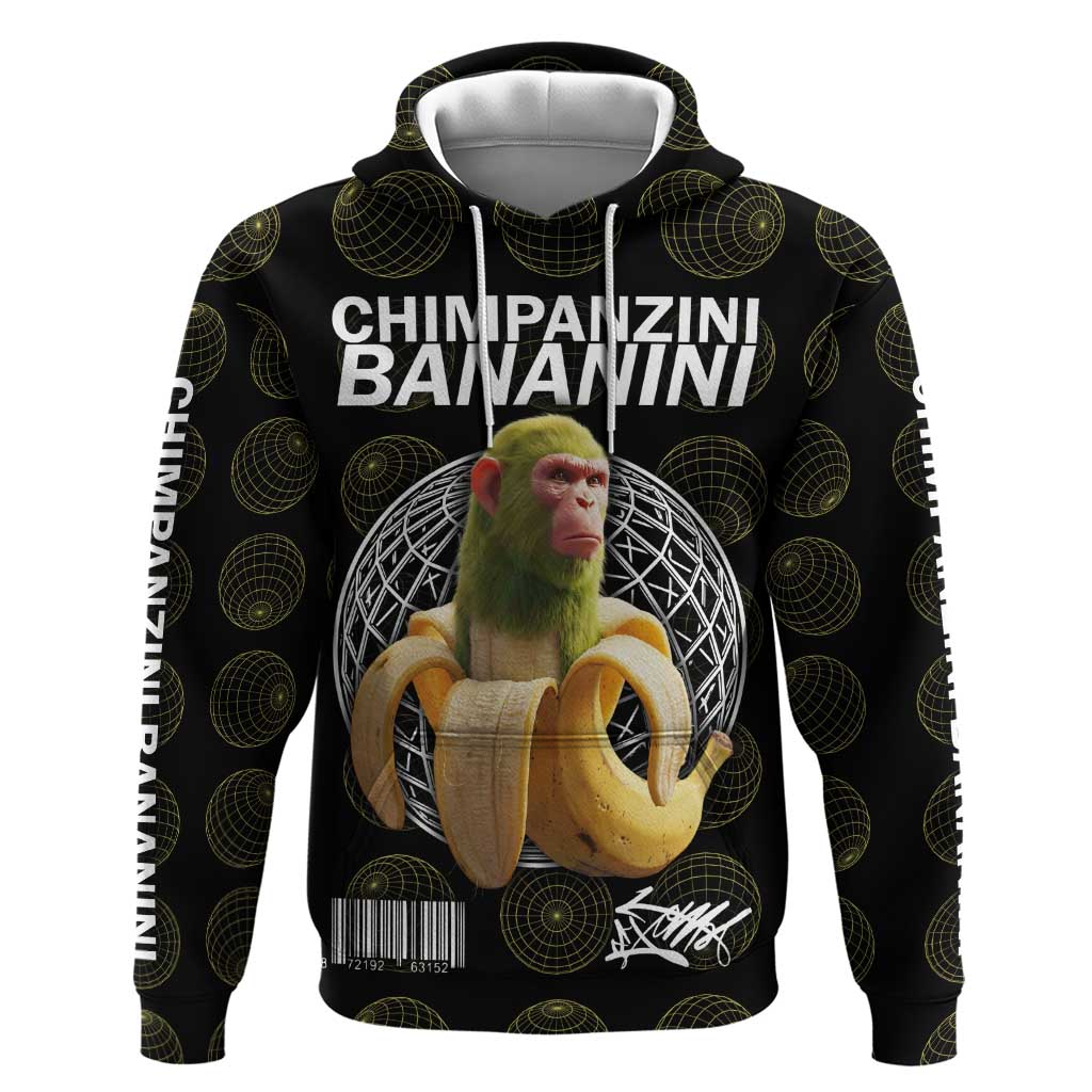 Chimpanzi Bananini Primate Hoodie with 3D Wireframe Globe Pattern