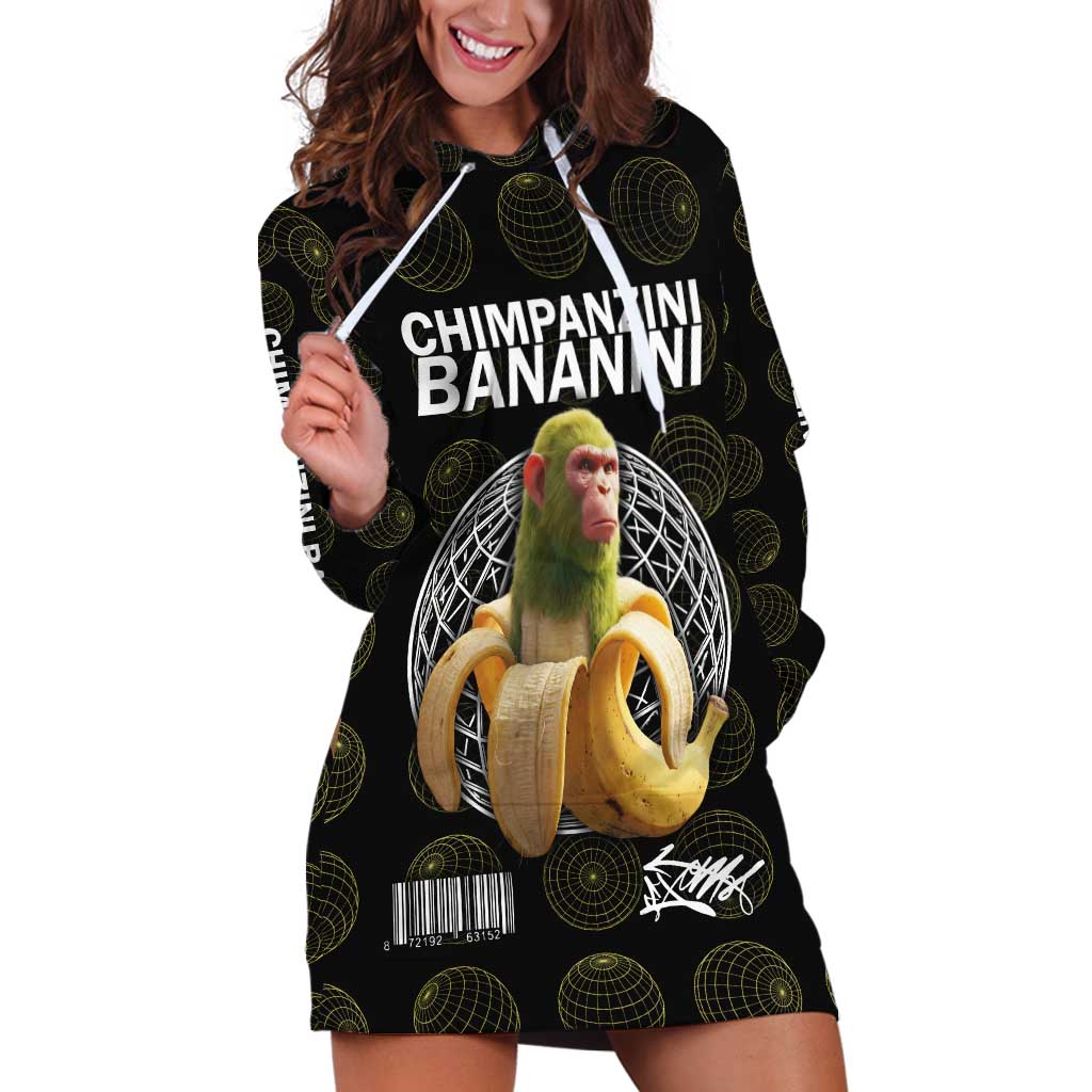 Chimpanzi Bananini Primate Hoodie Dress with 3D Wireframe Globe Pattern