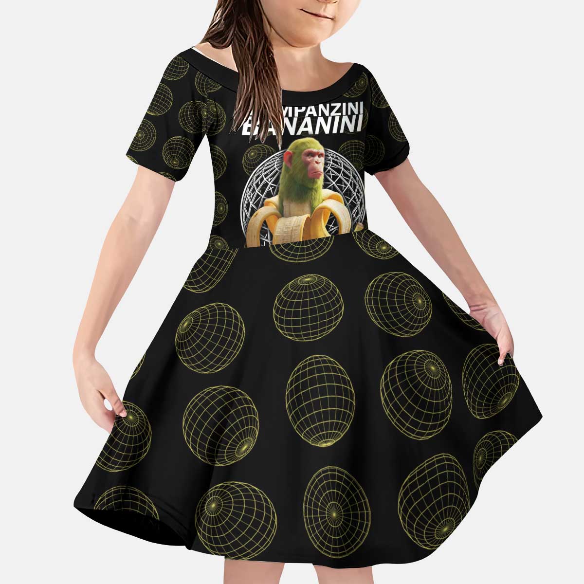 Chimpanzi Bananini Primate Kid Short Sleeve Dress with 3D Wireframe Globe Pattern