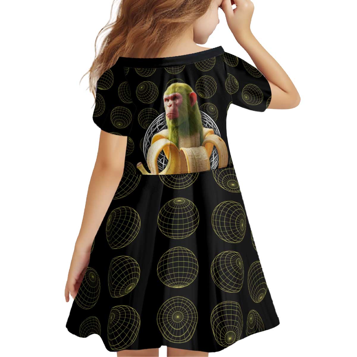 Chimpanzi Bananini Primate Kid Short Sleeve Dress with 3D Wireframe Globe Pattern
