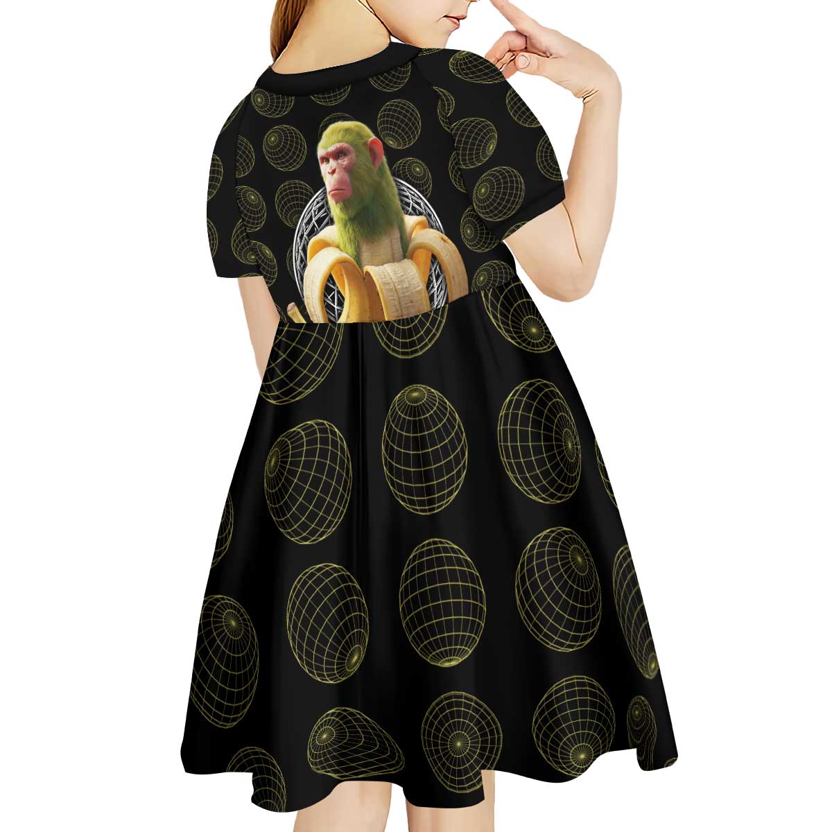 Chimpanzi Bananini Primate Kid Short Sleeve Dress with 3D Wireframe Globe Pattern