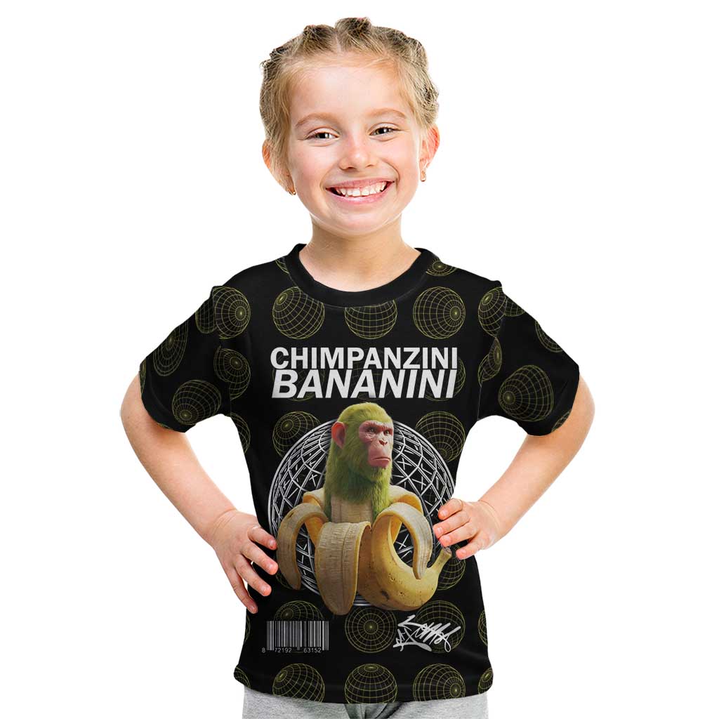 Chimpanzi Bananini Primate Kid T Shirt with 3D Wireframe Globe Pattern