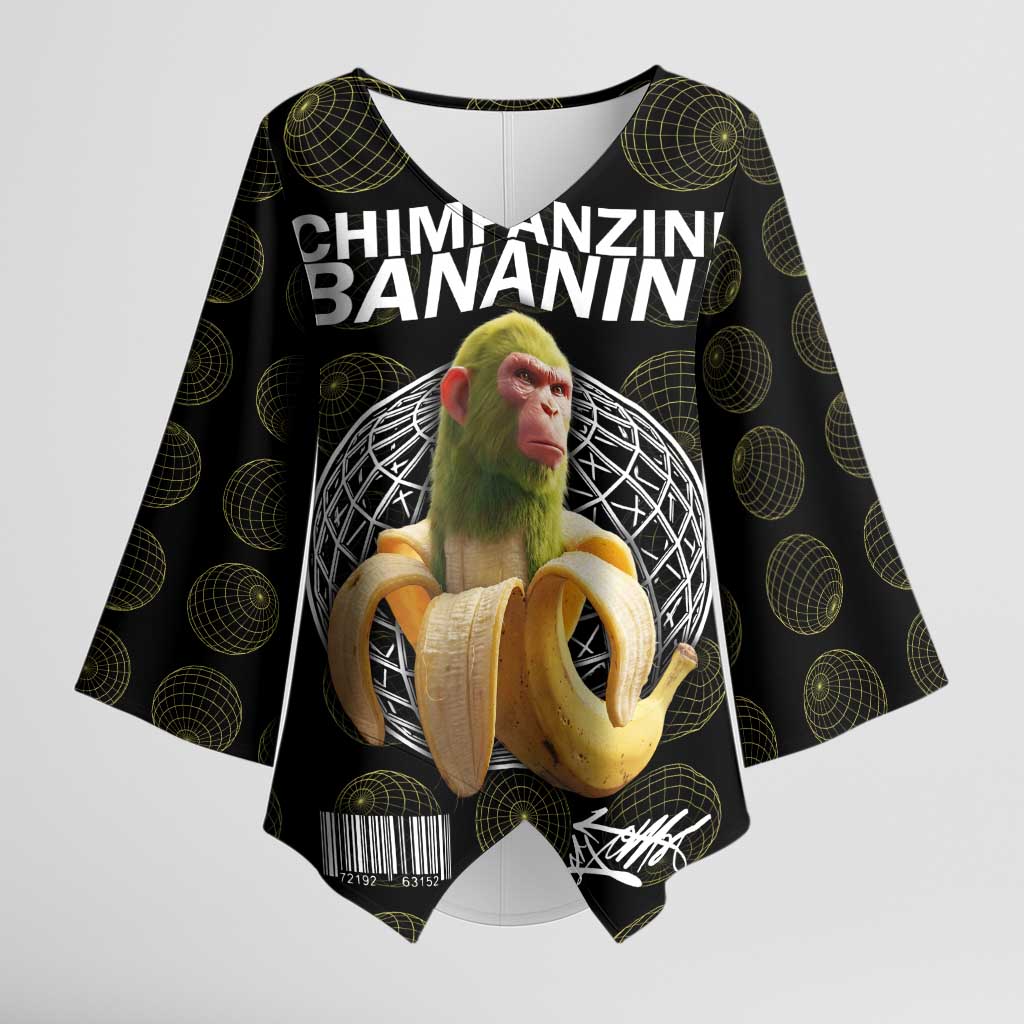Chimpanzi Bananini Primate Kimono Sleeve Blouse with 3D Wireframe Globe Pattern