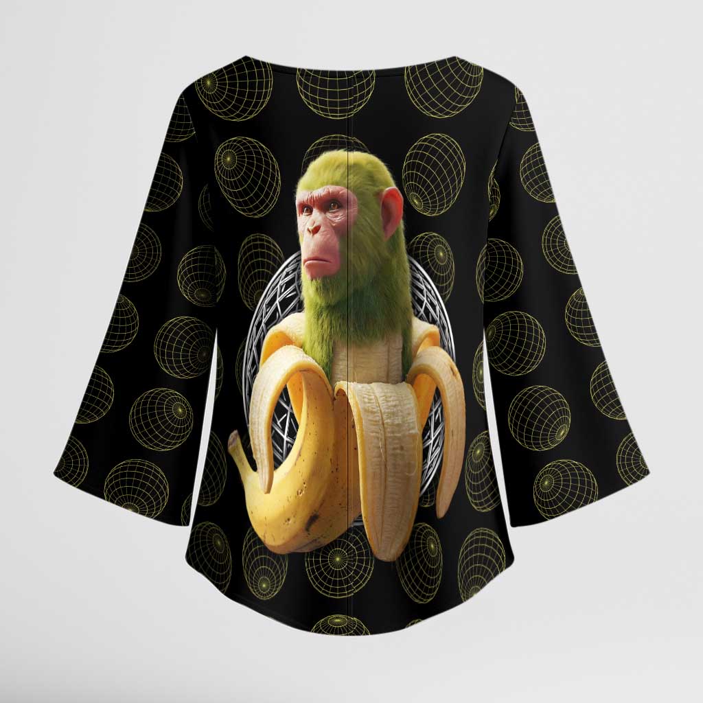 Chimpanzi Bananini Primate Kimono Sleeve Blouse with 3D Wireframe Globe Pattern