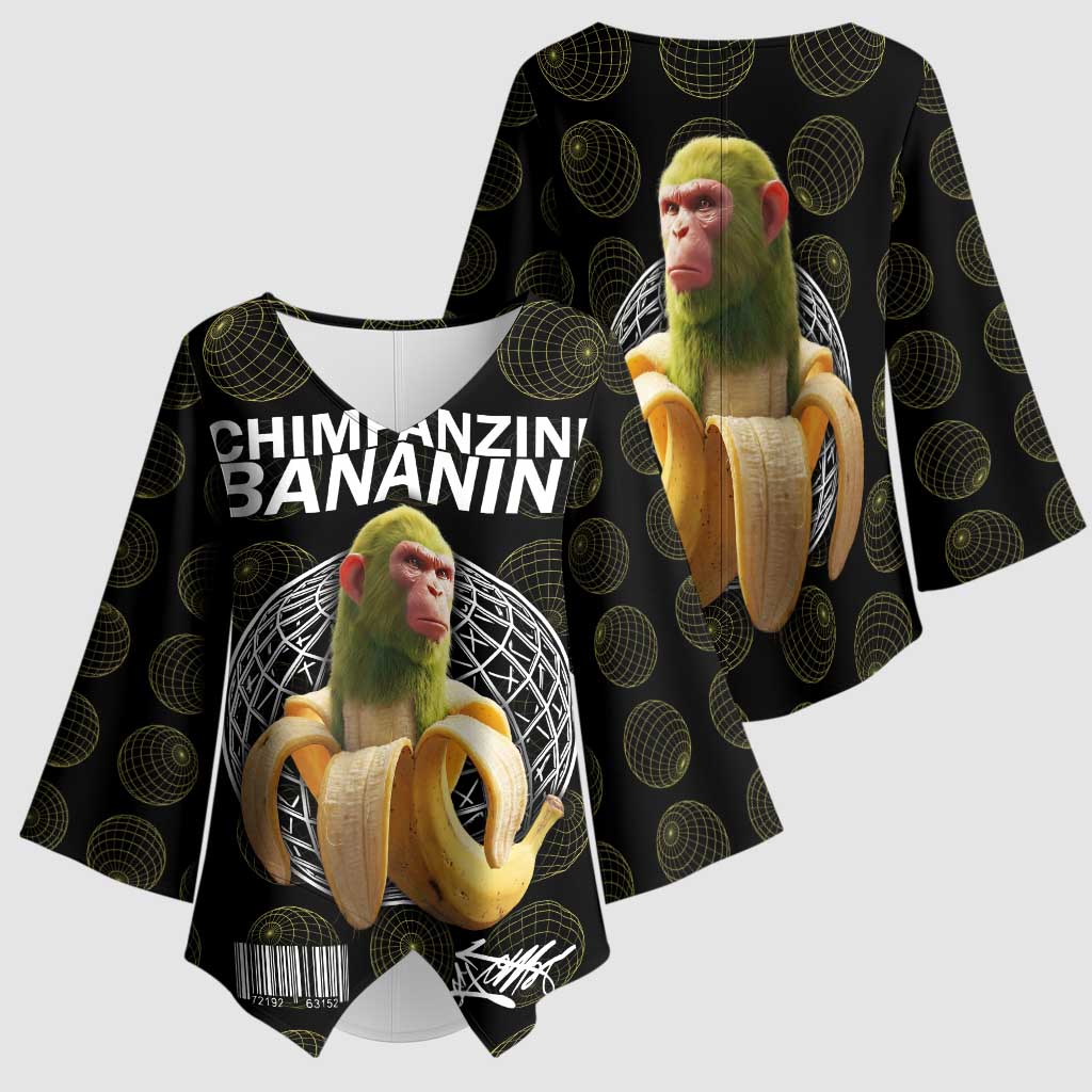 Chimpanzi Bananini Primate Kimono Sleeve Blouse with 3D Wireframe Globe Pattern