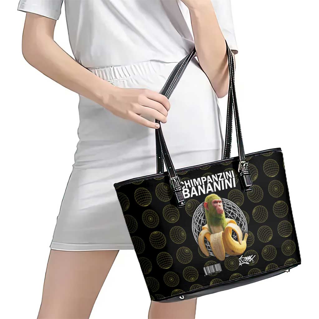 Chimpanzi Bananini Primate Leather Tote Bag with 3D Wireframe Globe Pattern