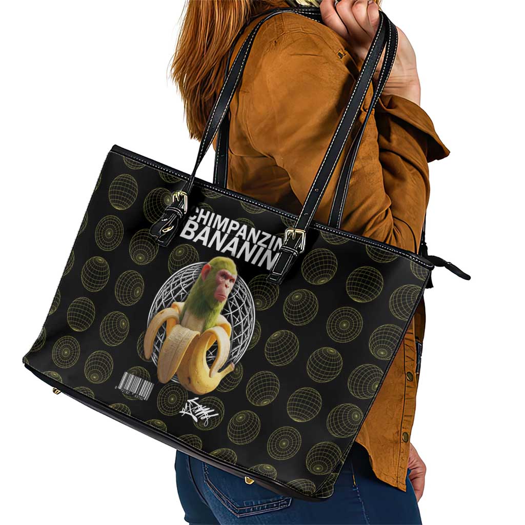 Chimpanzi Bananini Primate Leather Tote Bag with 3D Wireframe Globe Pattern