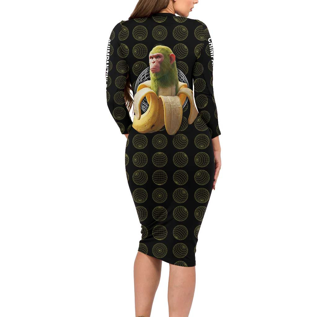 Chimpanzi Bananini Primate Long Sleeve Bodycon Dress with 3D Wireframe Globe Pattern