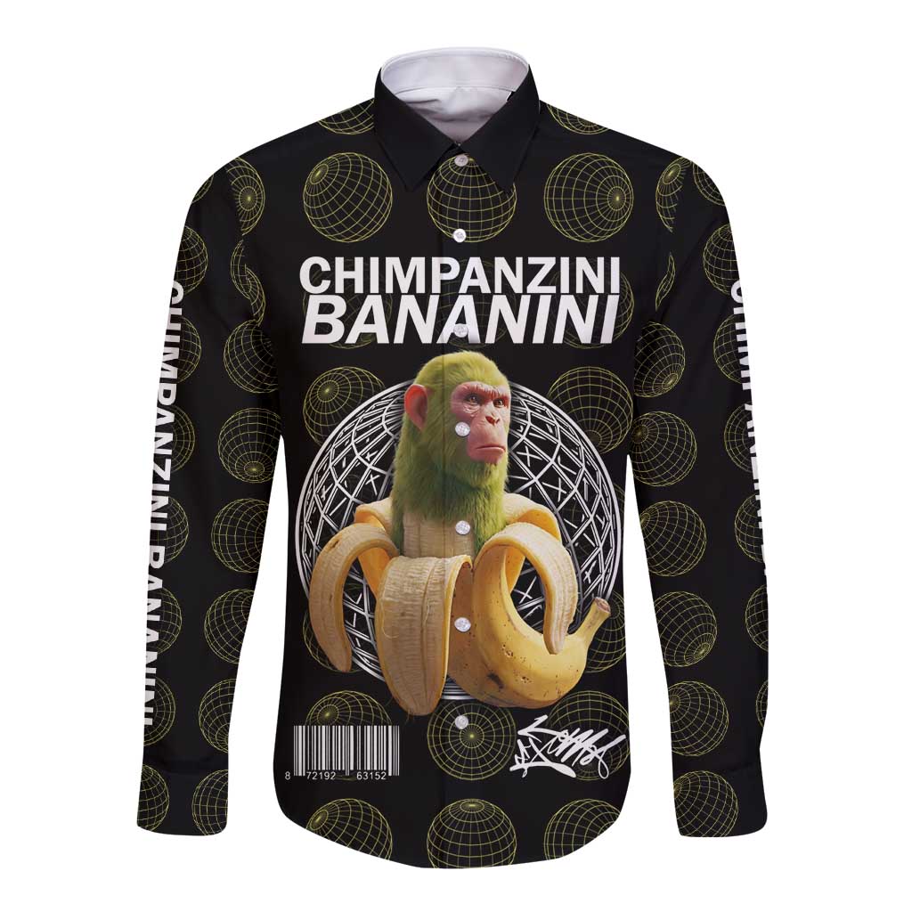 Chimpanzi Bananini Primate Long Sleeve Button Shirt with 3D Wireframe Globe Pattern