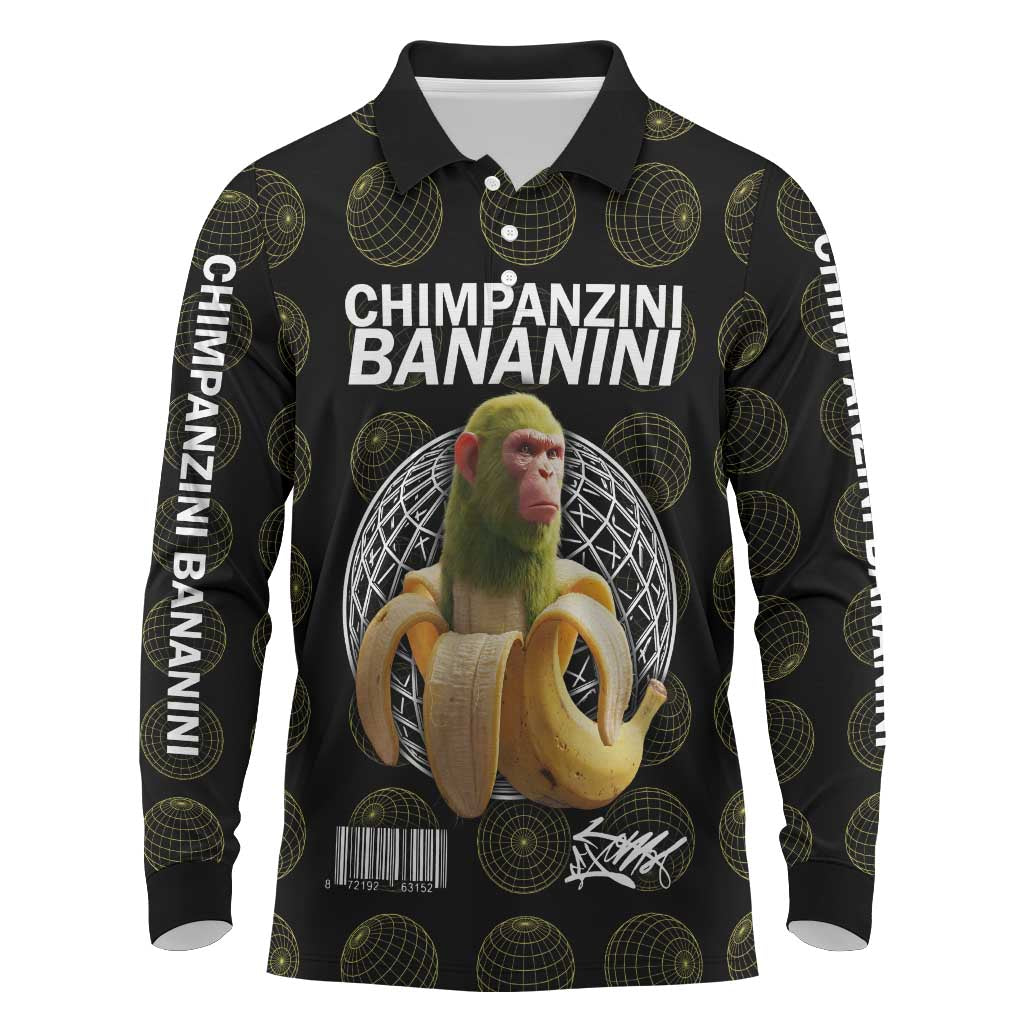Chimpanzi Bananini Primate Long Sleeve Polo Shirt with 3D Wireframe Globe Pattern