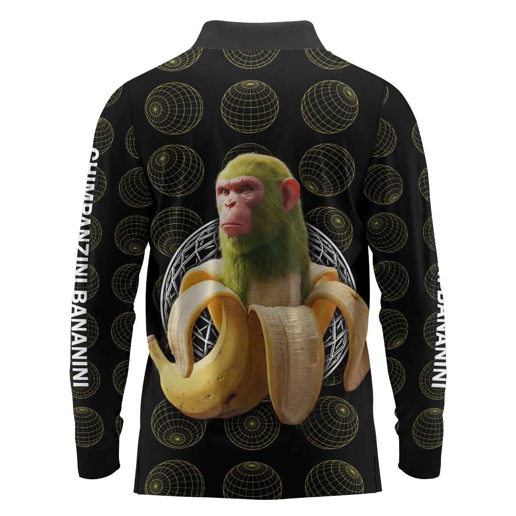 Chimpanzi Bananini Primate Long Sleeve Polo Shirt with 3D Wireframe Globe Pattern