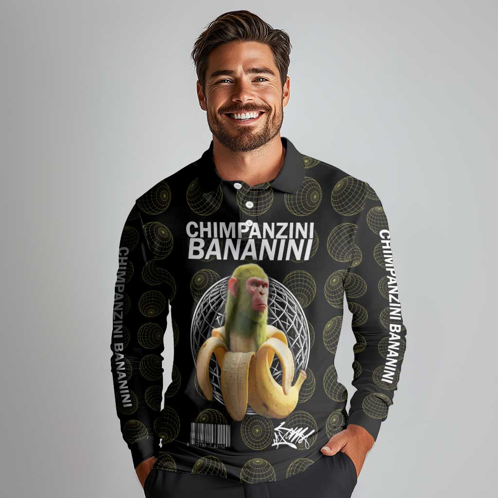Chimpanzi Bananini Primate Long Sleeve Polo Shirt with 3D Wireframe Globe Pattern
