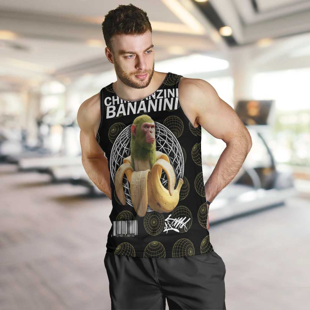 Chimpanzi Bananini Primate Men Tank Top with 3D Wireframe Globe Pattern