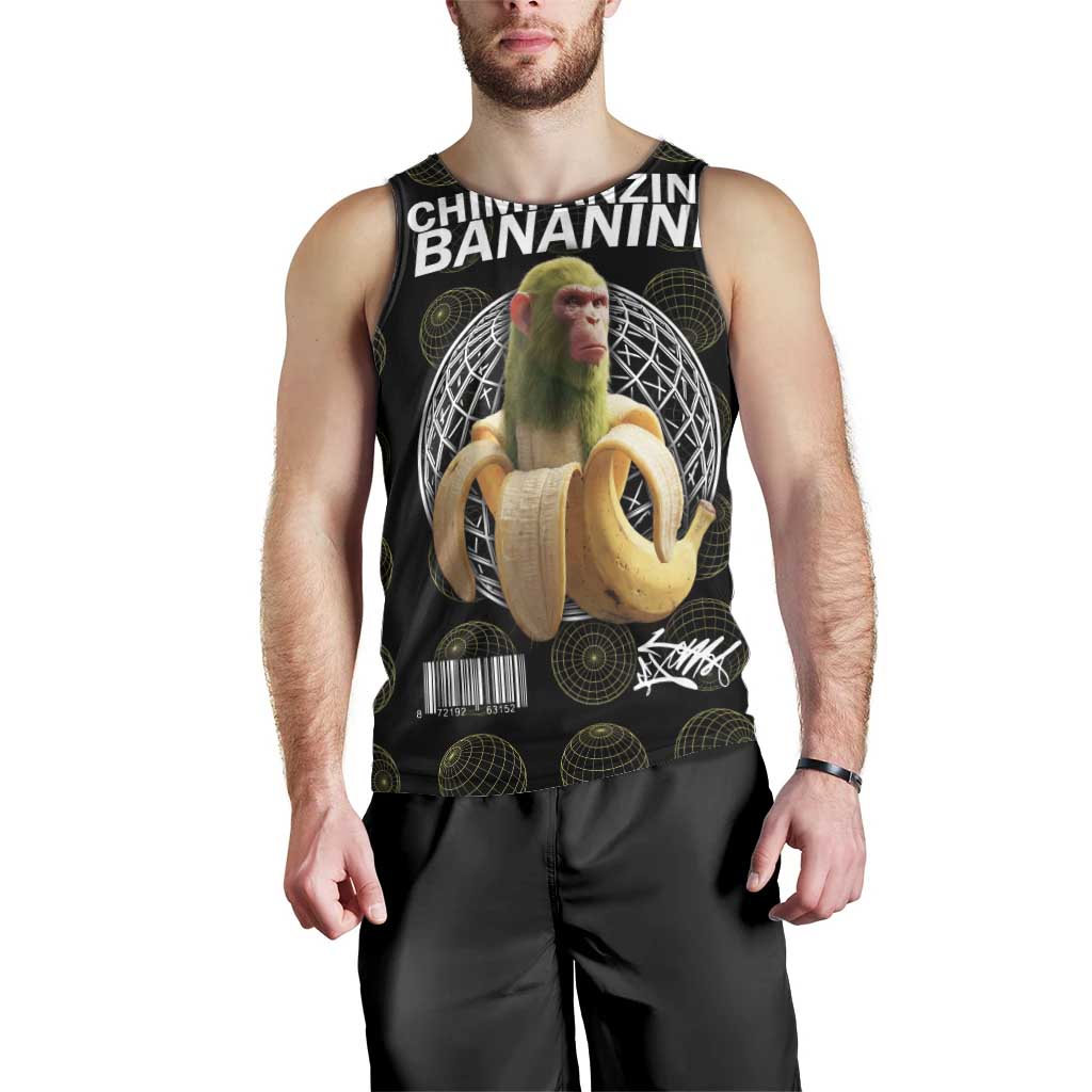 Chimpanzi Bananini Primate Men Tank Top with 3D Wireframe Globe Pattern