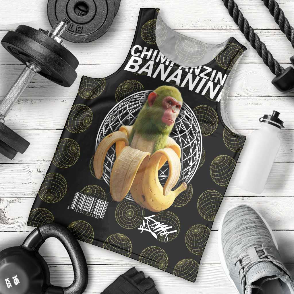 Chimpanzi Bananini Primate Men Tank Top with 3D Wireframe Globe Pattern