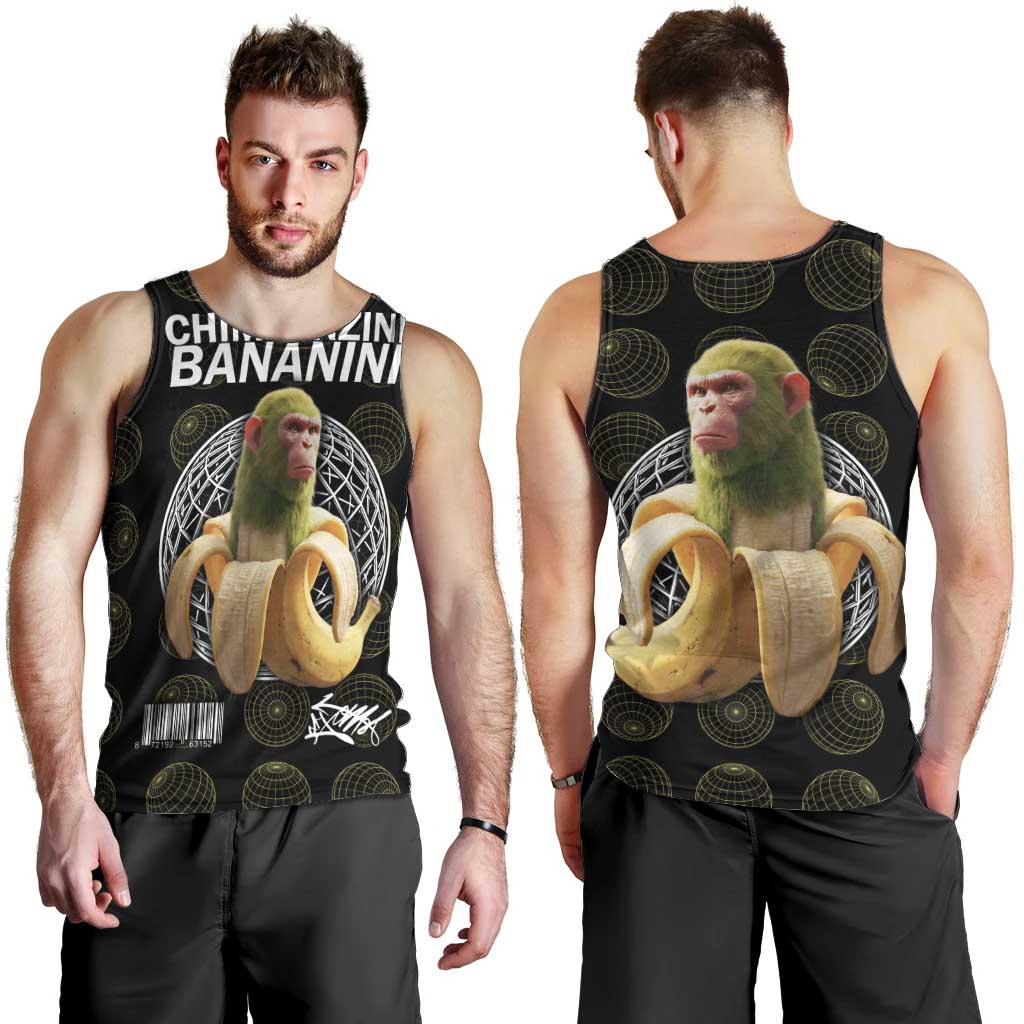 Chimpanzi Bananini Primate Men Tank Top with 3D Wireframe Globe Pattern
