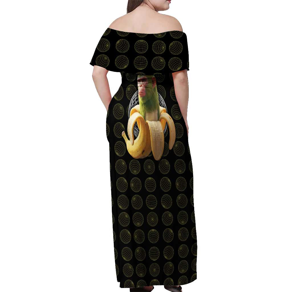 Chimpanzi Bananini Primate Off Shoulder Maxi Dress with 3D Wireframe Globe Pattern