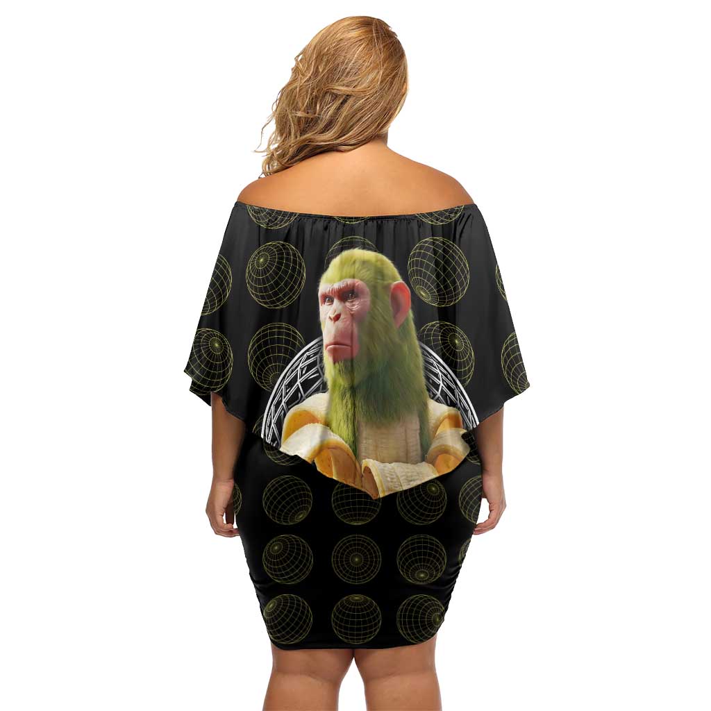 Chimpanzi Bananini Primate Off Shoulder Short Dress with 3D Wireframe Globe Pattern