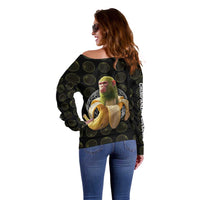 Chimpanzi Bananini Primate Off Shoulder Sweater with 3D Wireframe Globe Pattern