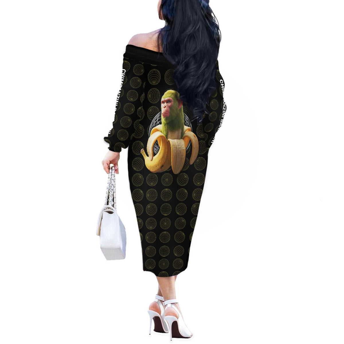 Chimpanzi Bananini Primate Off The Shoulder Long Sleeve Dress with 3D Wireframe Globe Pattern