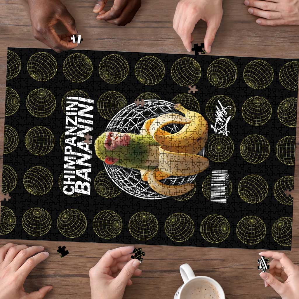 Chimpanzi Bananini Primate Puzzle with 3D Wireframe Globe Pattern