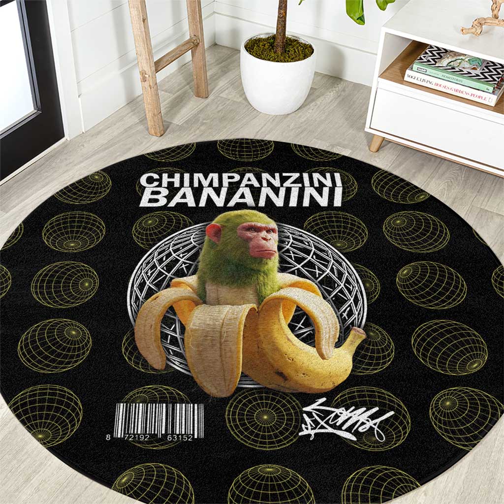 Chimpanzi Bananini Primate Round Carpet with 3D Wireframe Globe Pattern