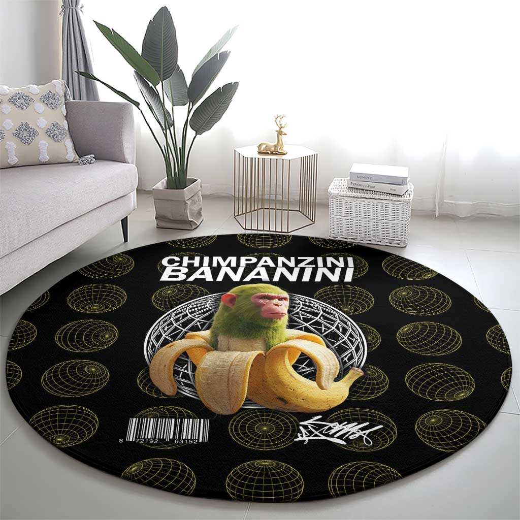 Chimpanzi Bananini Primate Round Carpet with 3D Wireframe Globe Pattern