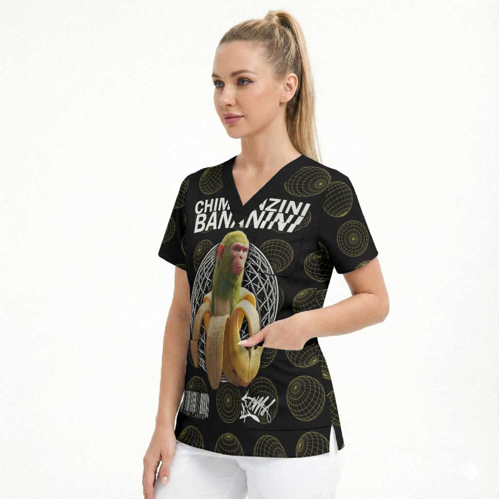 Chimpanzi Bananini Primate Scrub Top with 3D Wireframe Globe Pattern