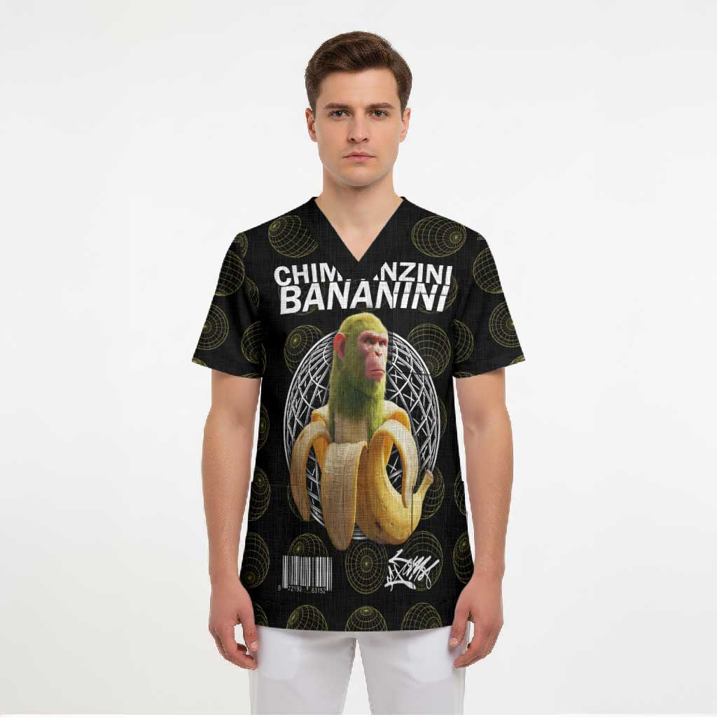 Chimpanzi Bananini Primate Scrub Top with 3D Wireframe Globe Pattern