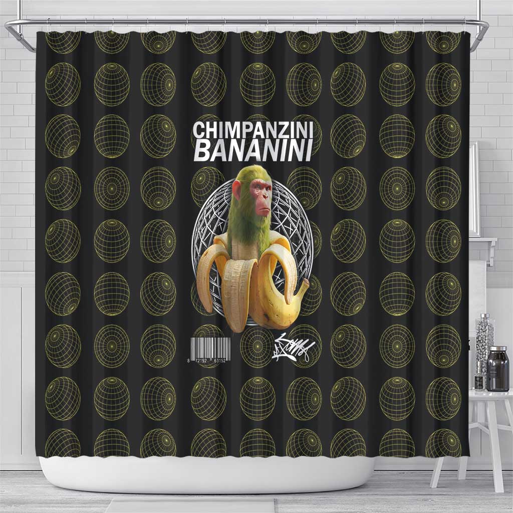Chimpanzi Bananini Primate Shower Curtain with 3D Wireframe Globe Pattern