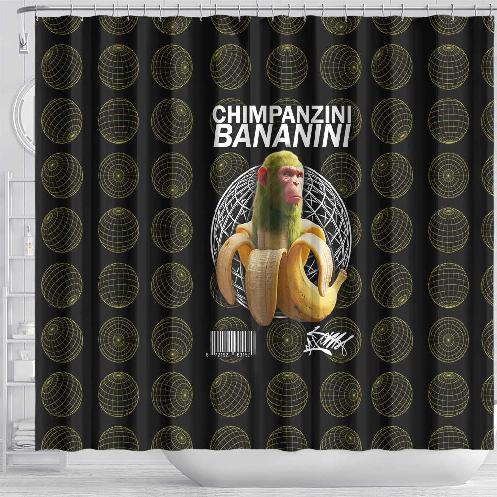 Chimpanzi Bananini Primate Shower Curtain with 3D Wireframe Globe Pattern
