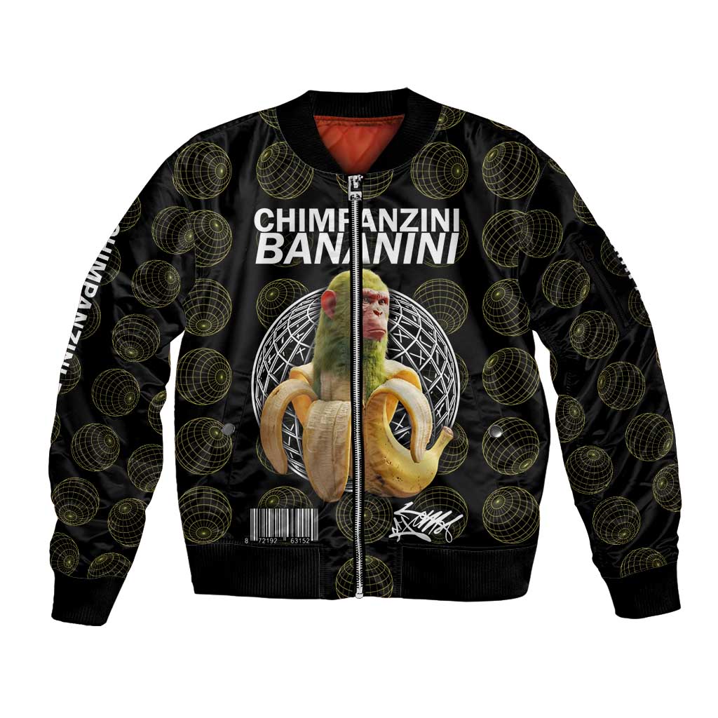 Chimpanzi Bananini Primate Sleeve Zip Bomber Jacket with 3D Wireframe Globe Pattern
