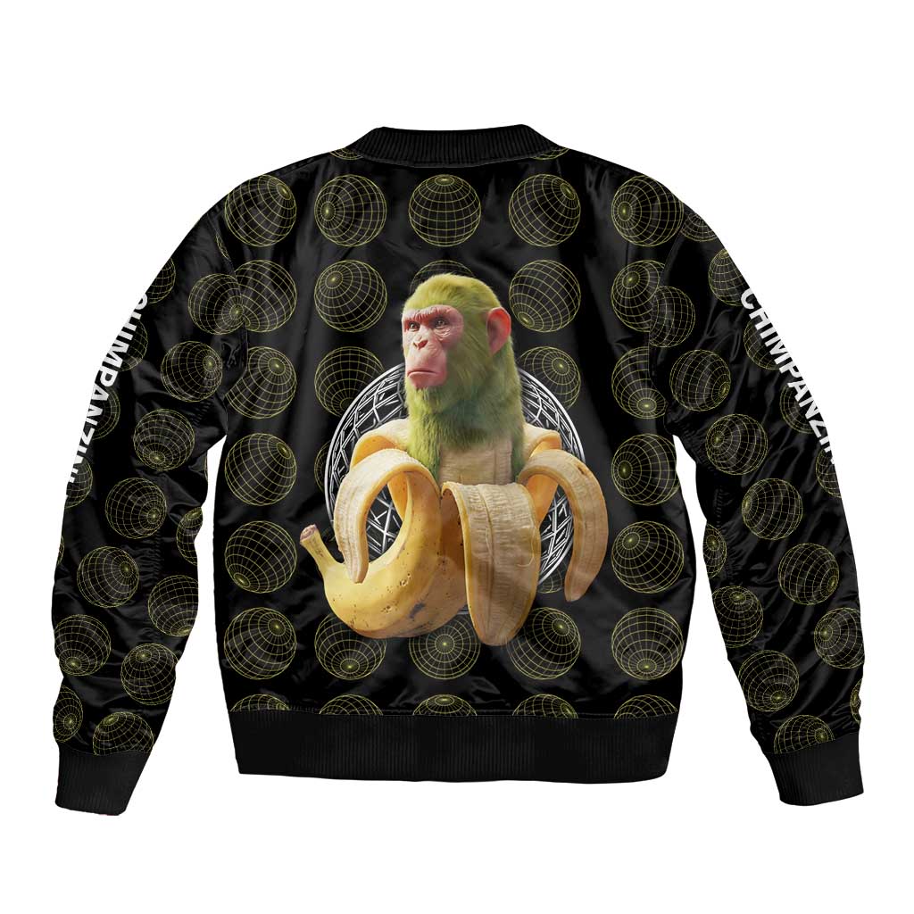 Chimpanzi Bananini Primate Sleeve Zip Bomber Jacket with 3D Wireframe Globe Pattern