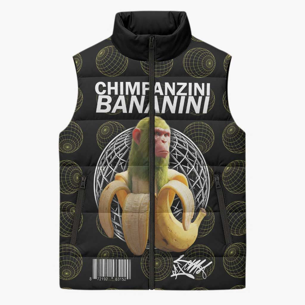 Chimpanzi Bananini Primate Sleeveless Puffer Jacket with 3D Wireframe Globe Pattern