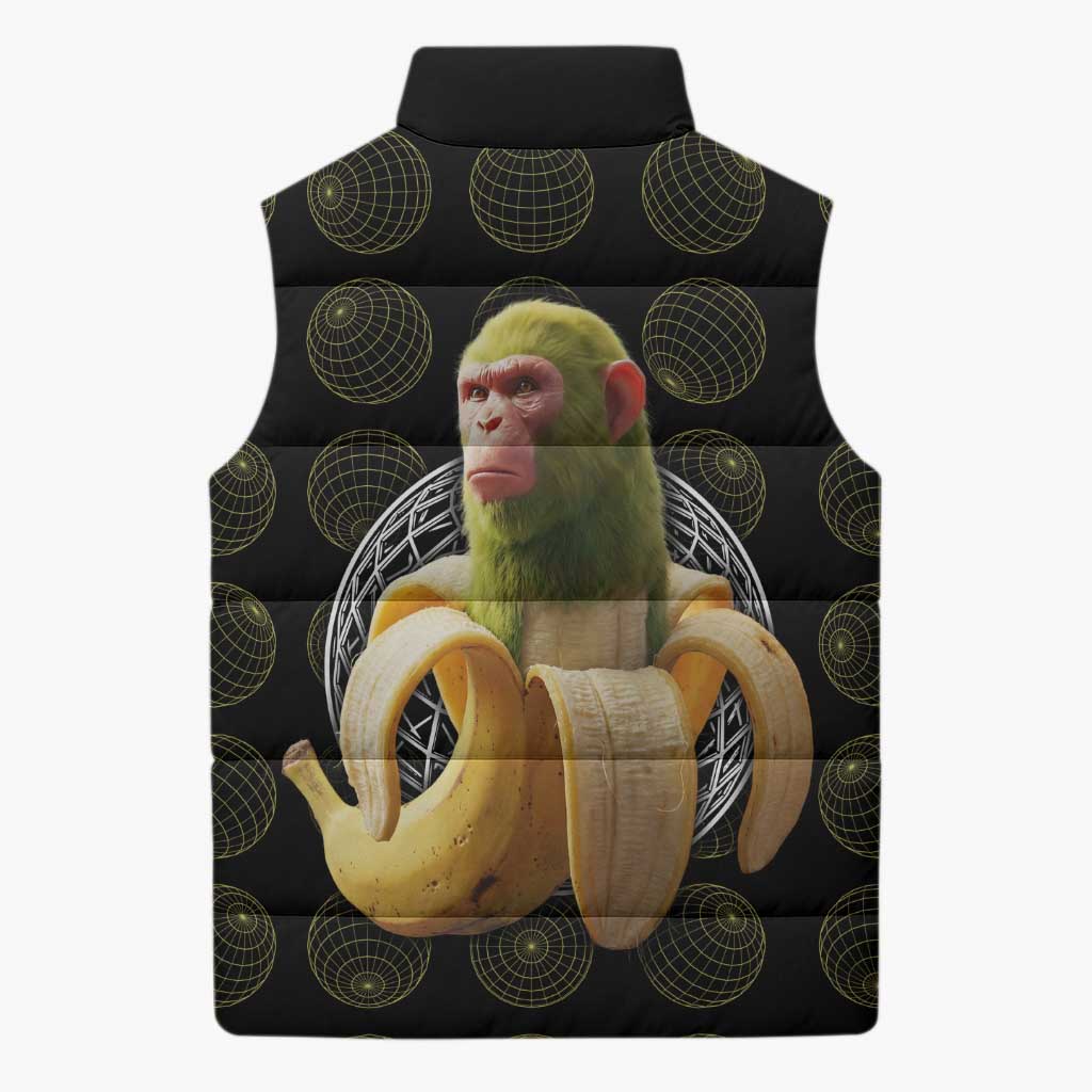 Chimpanzi Bananini Primate Sleeveless Puffer Jacket with 3D Wireframe Globe Pattern