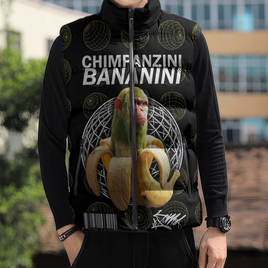 Chimpanzi Bananini Primate Sleeveless Puffer Jacket with 3D Wireframe Globe Pattern