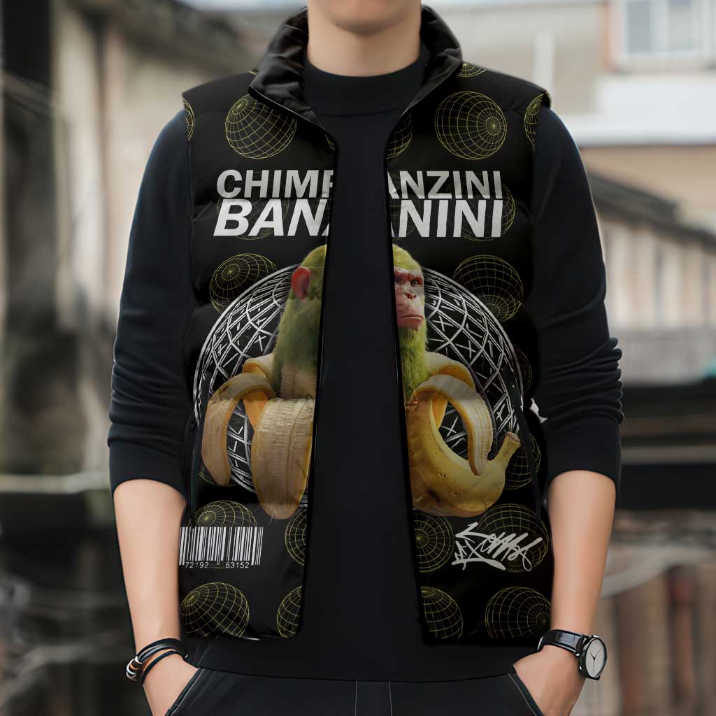 Chimpanzi Bananini Primate Sleeveless Puffer Jacket with 3D Wireframe Globe Pattern
