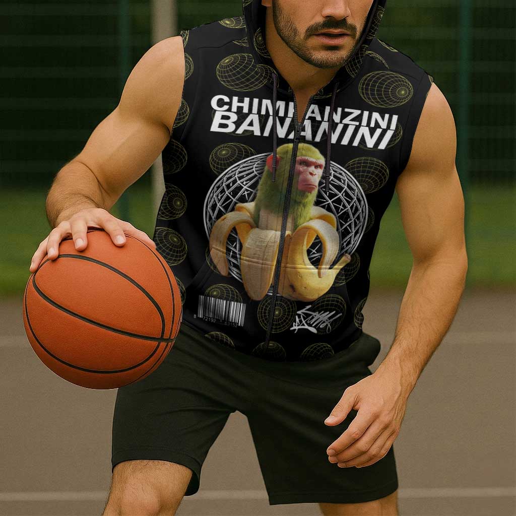 Chimpanzi Bananini Primate Sleeveless Zip Hoodie with 3D Wireframe Globe Pattern