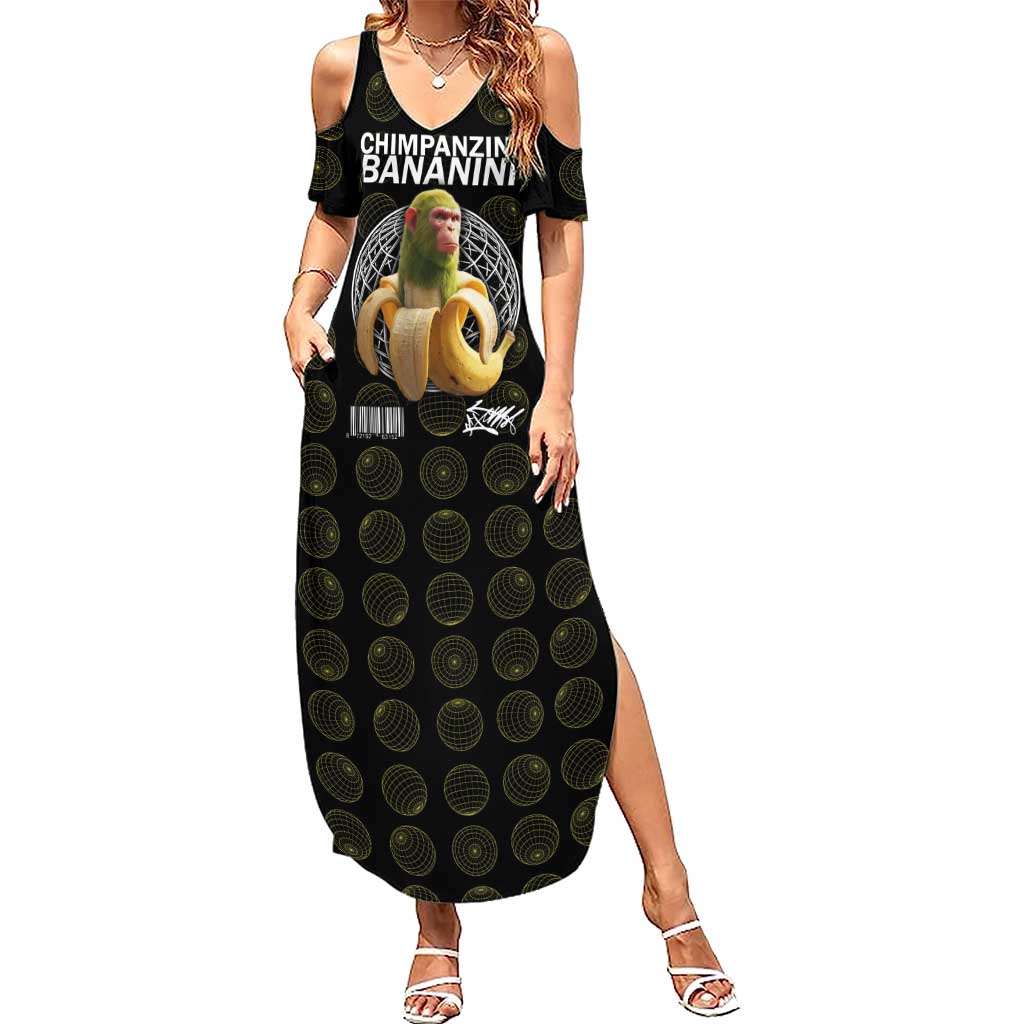 Chimpanzi Bananini Primate Summer Maxi Dress with 3D Wireframe Globe Pattern