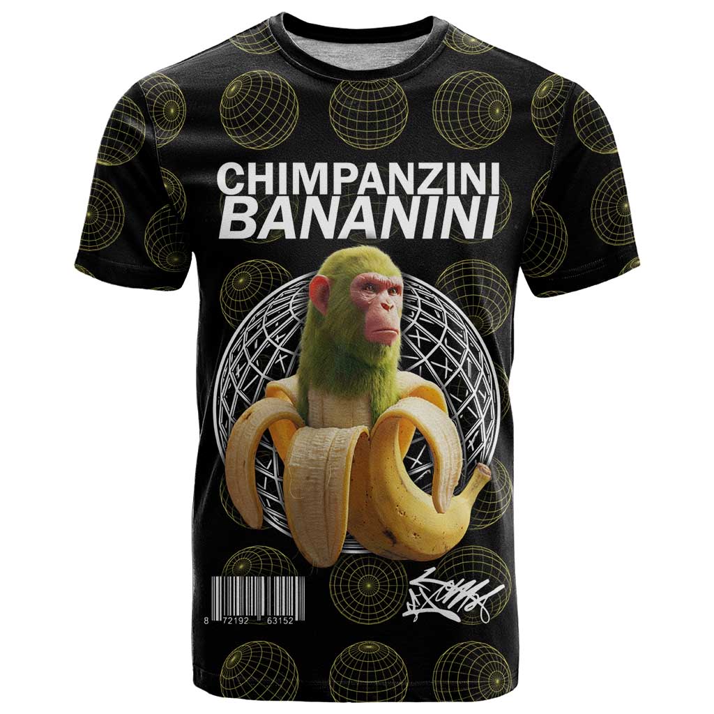 Chimpanzi Bananini Primate T Shirt with 3D Wireframe Globe Pattern