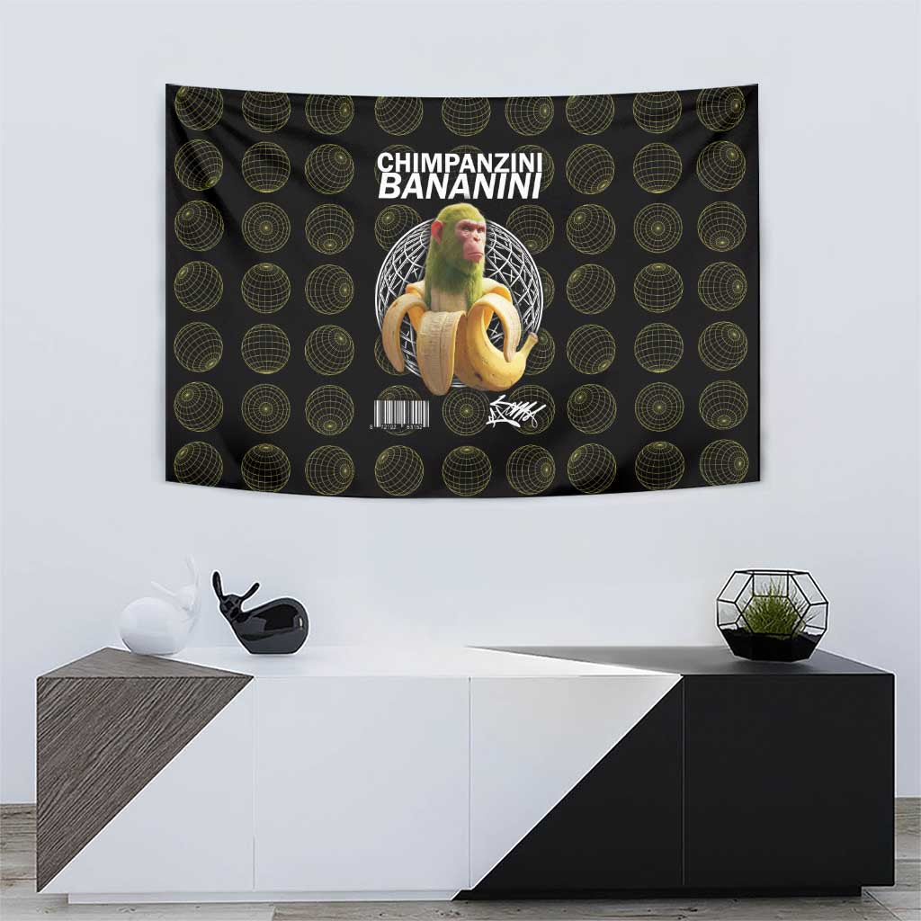Chimpanzi Bananini Primate Tapestry with 3D Wireframe Globe Pattern