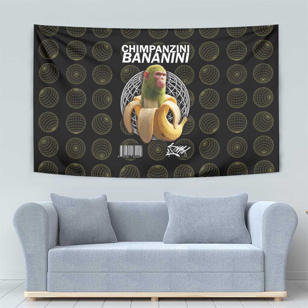 Chimpanzi Bananini Primate Tapestry with 3D Wireframe Globe Pattern
