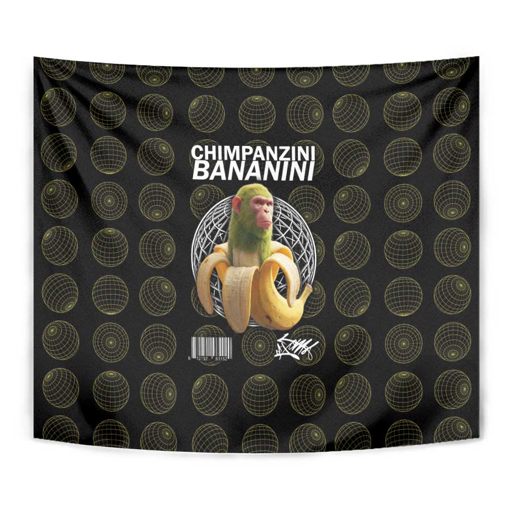Chimpanzi Bananini Primate Tapestry with 3D Wireframe Globe Pattern