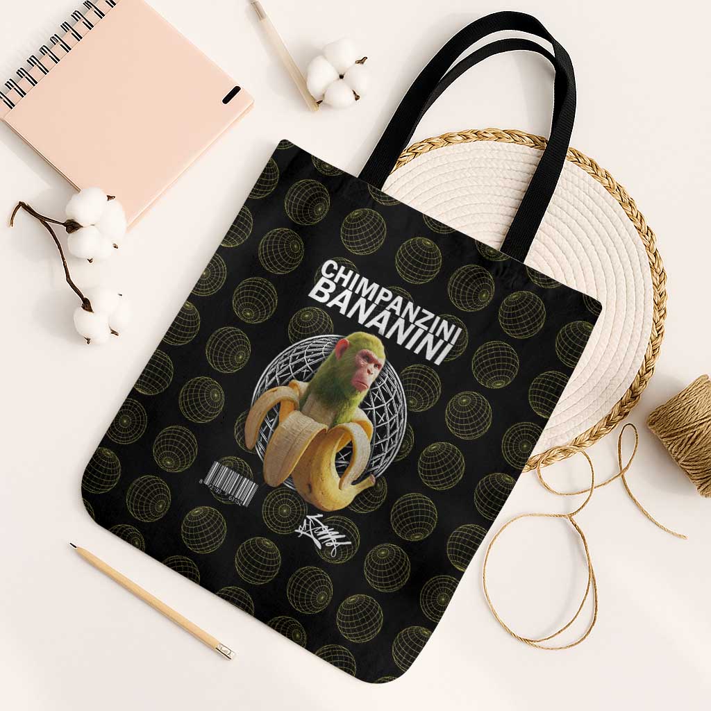 Chimpanzi Bananini Primate Tote Bag with 3D Wireframe Globe Pattern