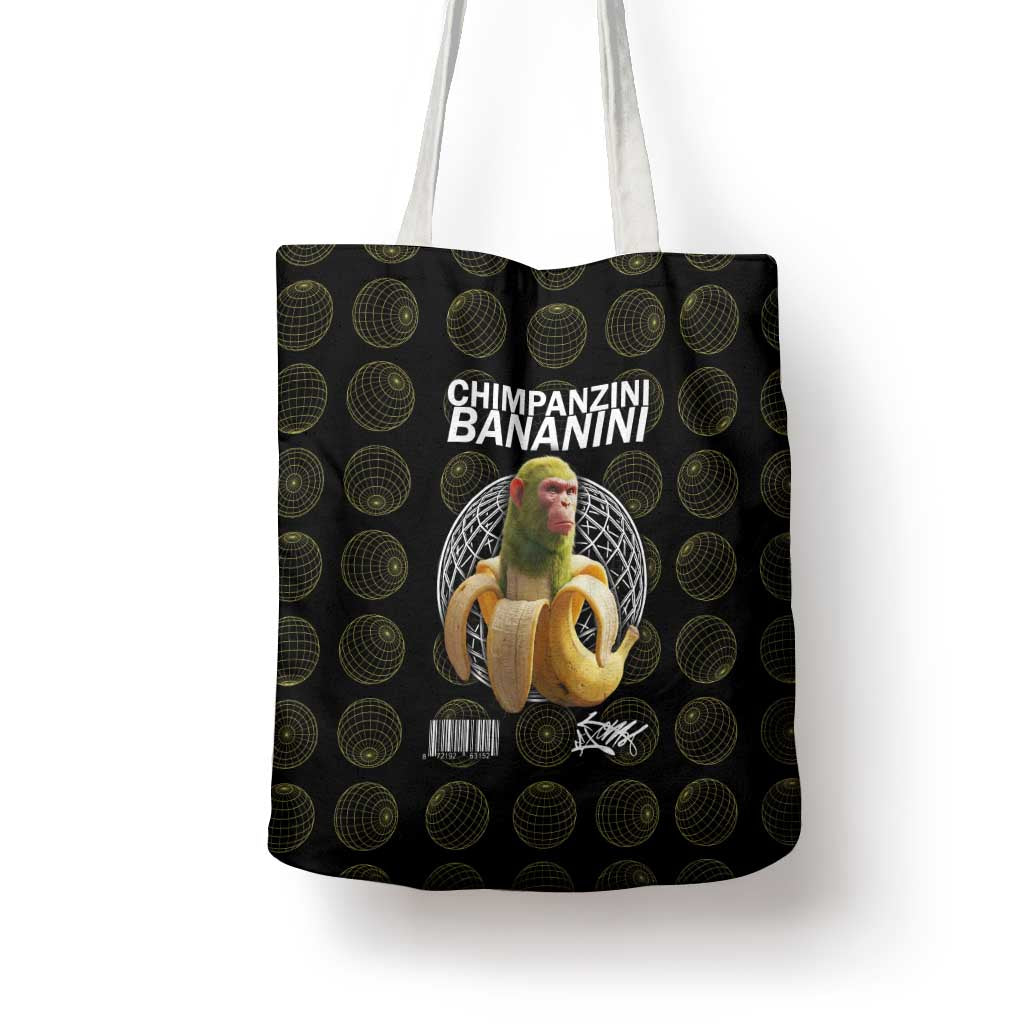 Chimpanzi Bananini Primate Tote Bag with 3D Wireframe Globe Pattern